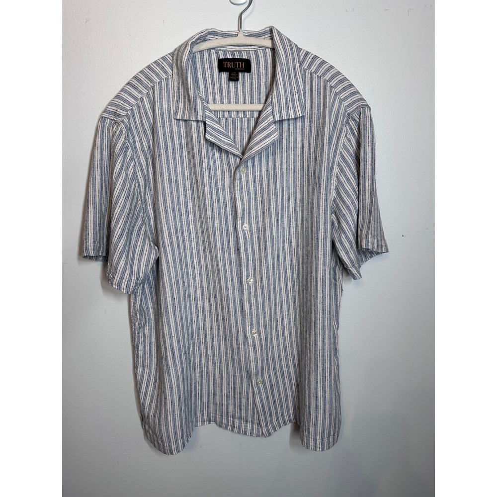 Truth by Republic Mens Large Linen Blend Blue White Striped Camp Collar Shirt